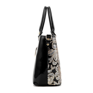 Tote Vibe Black Leather Shoulder Bag – Embroidered Bright PU Bucket Handbag