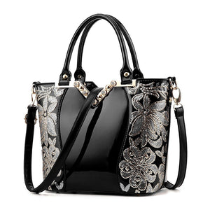 Tote Vibe Black Leather Shoulder Bag – Embroidered Bright PU Bucket Handbag