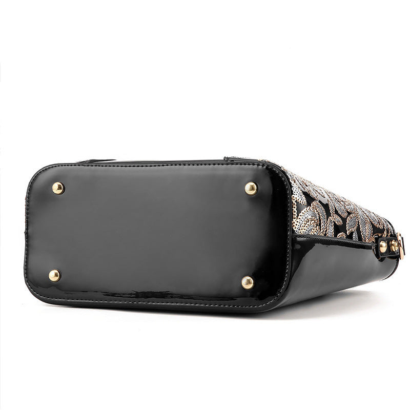 Tote Vibe Black Leather Shoulder Bag – Embroidered Bright PU Bucket Handbag
